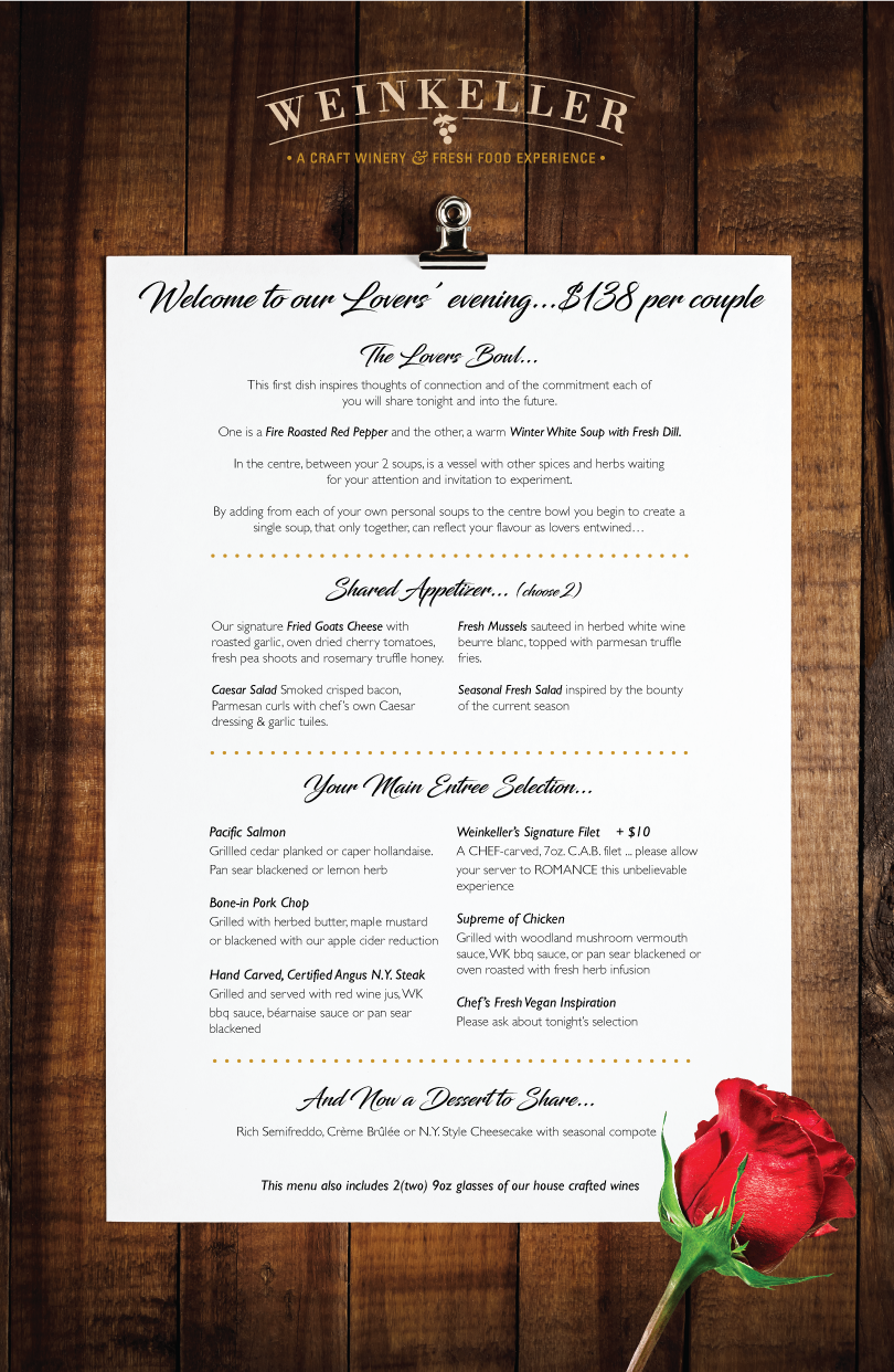 Weinkeller's Lovers Menu 2018 | Niagara Falls, Ontario, Canada